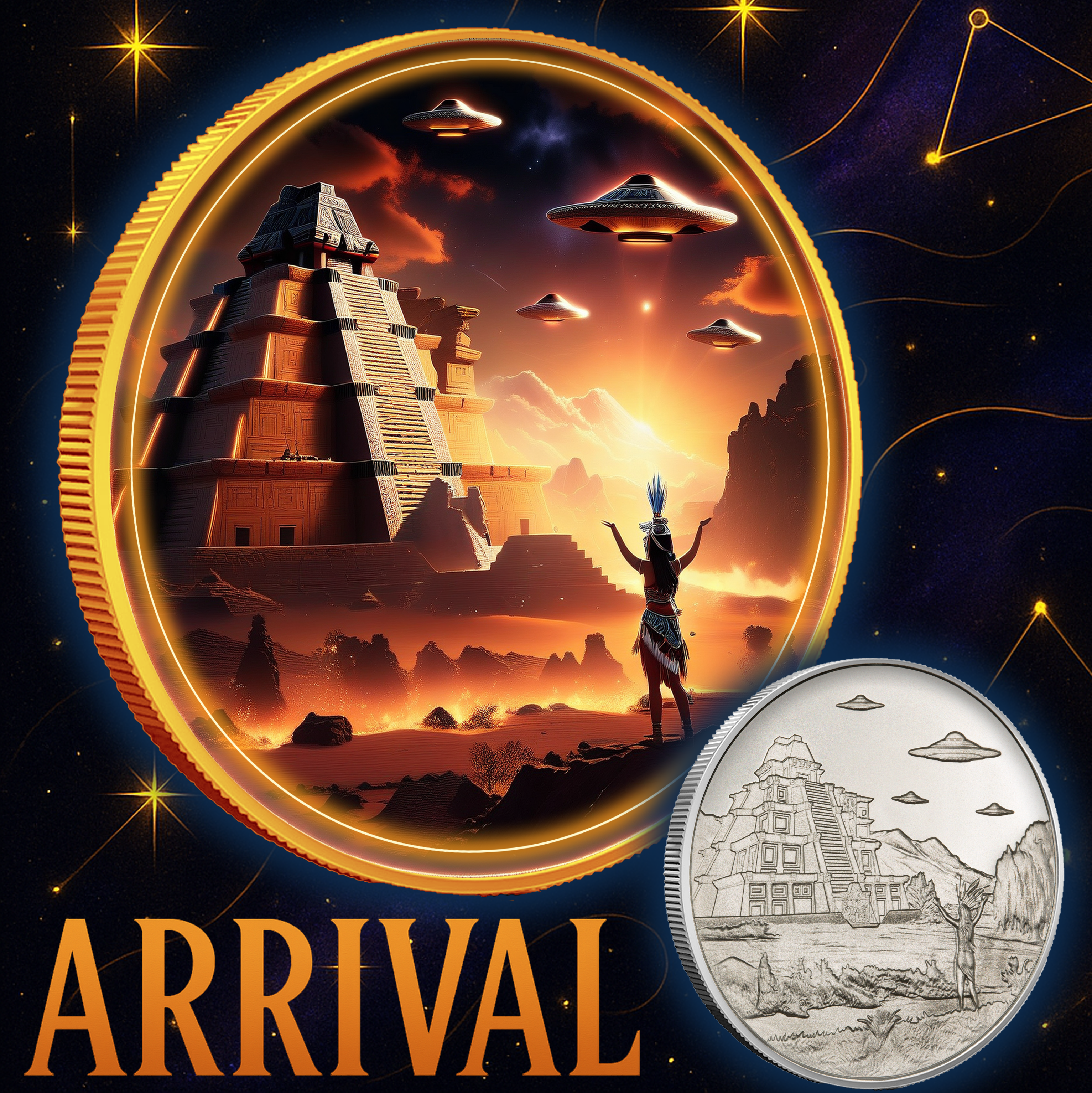 Intaglio UFO Over Tenochtitlan (Arrival) Gold Gilded Colorized 1oz .999 Silver Medal