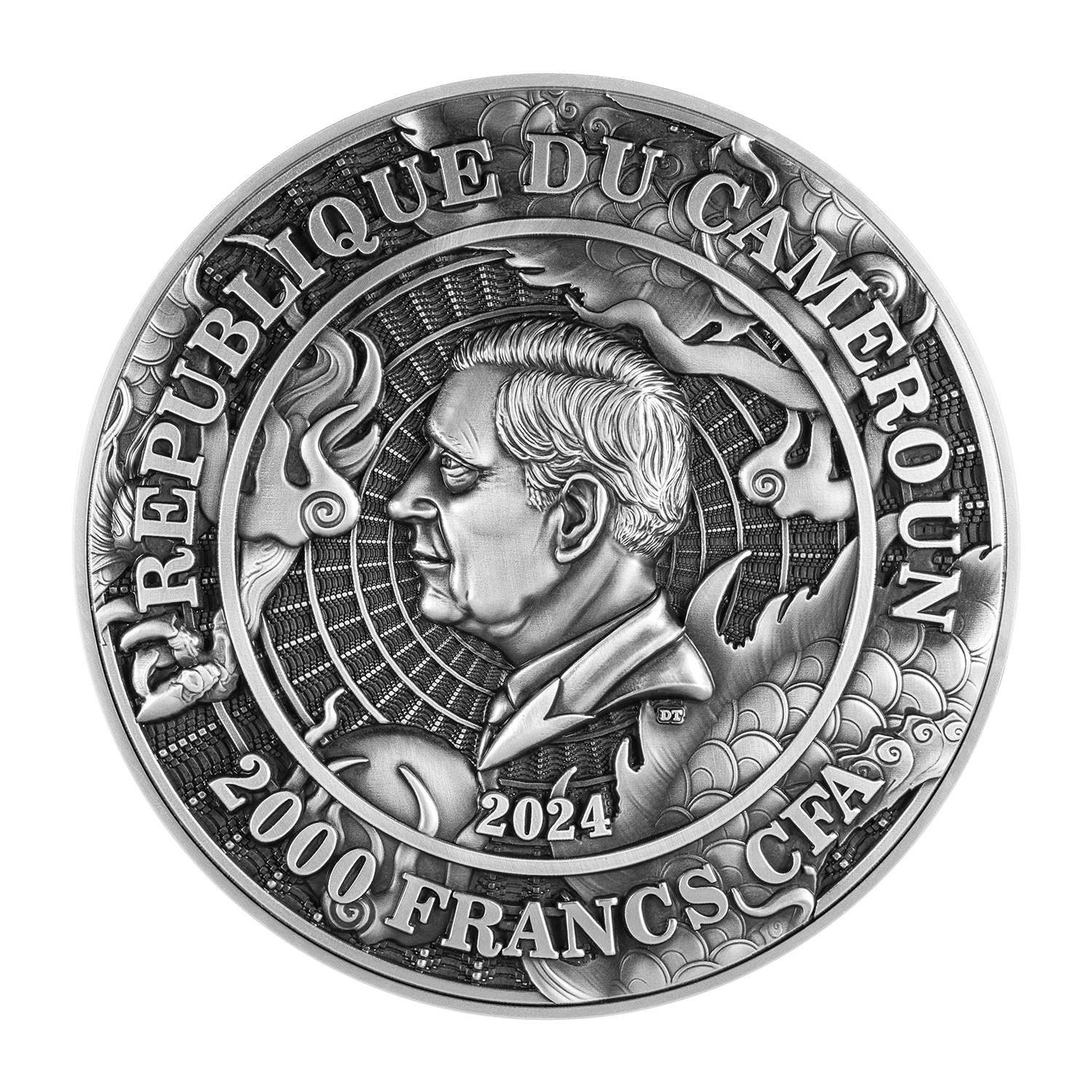 2024 Cameroon Chinese Dragon & Dragon 2oz .999 Silver Coin Antiqued Finished