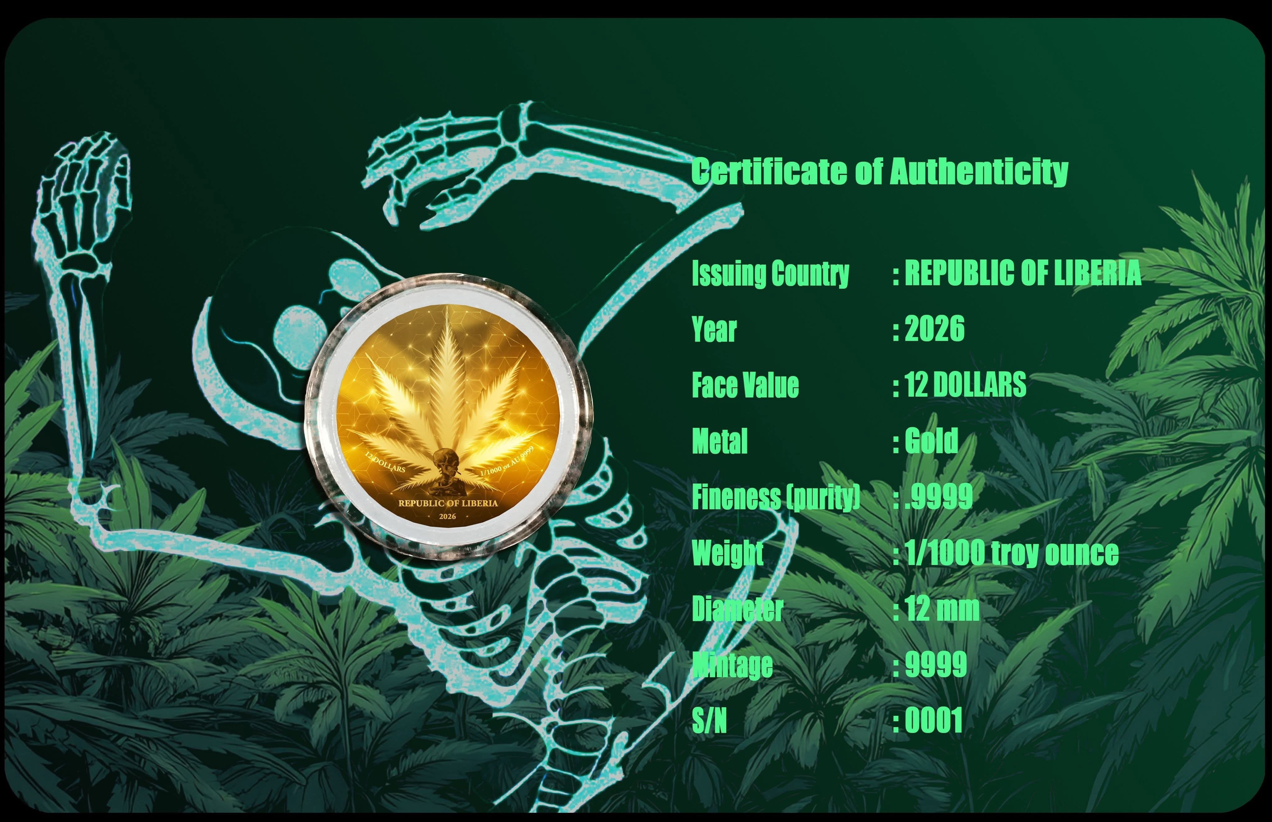 2026 Liberia Cannabis 1/1000 oz .9999 Gold Coin in Card