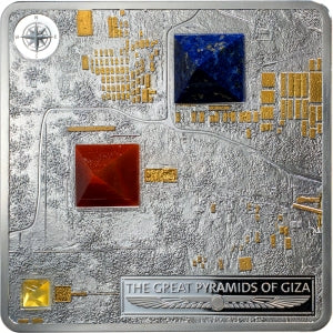 2025 Fiji Proof, Sandblasted, Gold Plating, The Great Pyramids of Giza 3d 3oz .999 Silver Coin