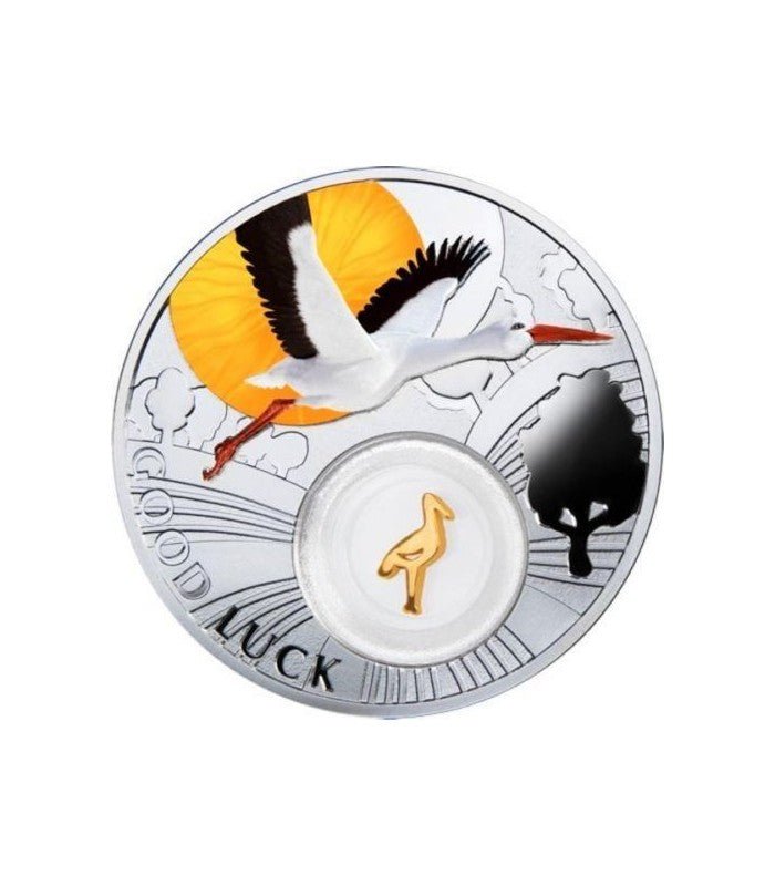 2014 Niue Stork Symbols of Luck w/ 24k Gold Plated Insert 1/2oz .999 Silver Coin - Captain’s Chest Bullion