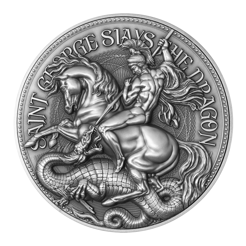 2021 Tchad St George Slays the Dragon 2 oz Silver Coin – (Antique Finished)