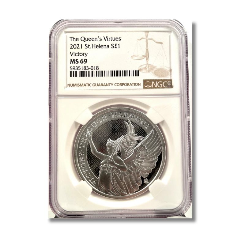 2021 St. Helena Queen's Virtues Victory 1 oz Silver Coin NGC MS 69 –  Captain's Chest Bullion