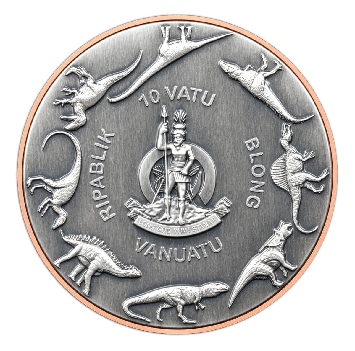 2023 Vanuatu Double Silver Giant Pteranodon Antique Finish Silver Coin w/Copper Core.145 grams of copper and 10 grams of silver Box and COA. Captain’s Chest Bullion