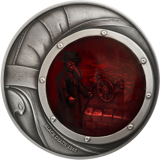 2023 Niue Human Tragedies - Black Death 2 oz Silver Coin Color and Antique - Captain’s Chest Bullion