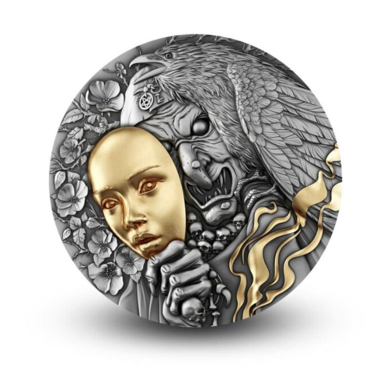 2023 Niue Behind the Mask 2oz Silver Gilded Antiqued Coin