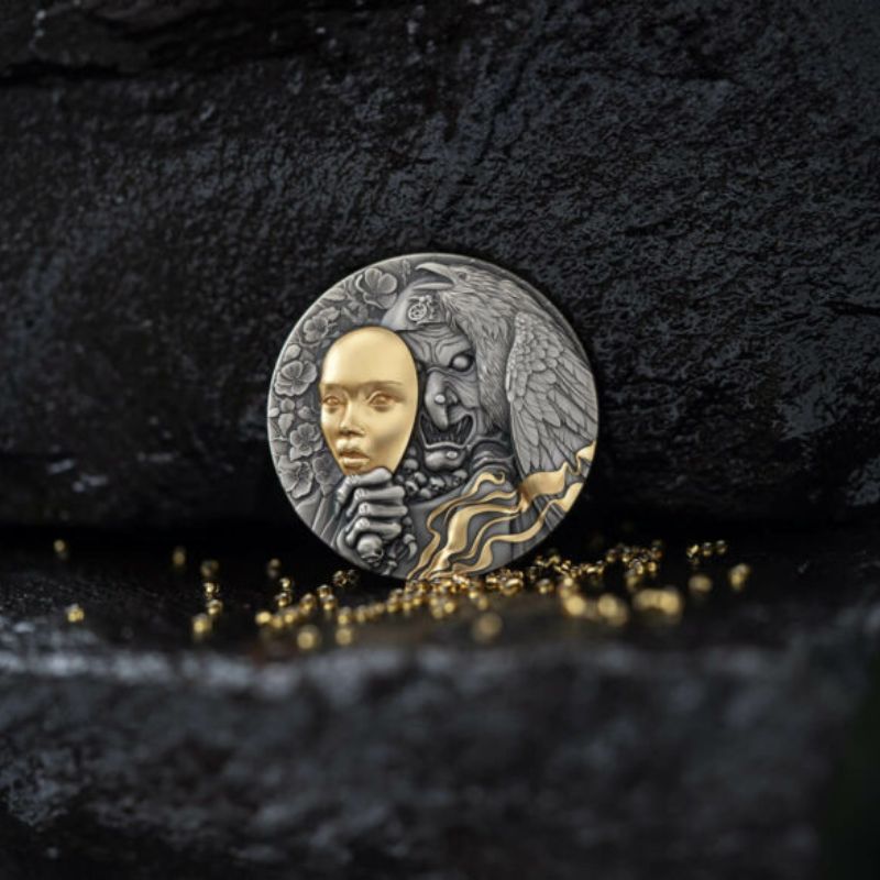 2023 Niue Behind the Mask 2oz Silver Gilded Antiqued Coin