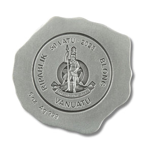 2023 Vanuatu Volcano 5oz Silver Antiqued 3D Shaped Coin in display box with Certificate of Authenticity