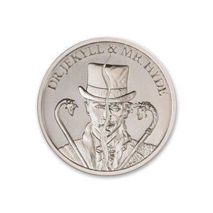 2023 Intaglio Dr. Jekyll And Mr. Hyde Type II Vintage Horror Series 1 Troy Ounce 39mm Silver Round featuring split image of Dr. Jekyll and Mr. Hyde.