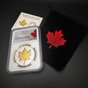 2024 Canada $20 Maple Leaf Super Incuse Gilt coin, PF70 grade, featuring .9999 fine silver and unique design.