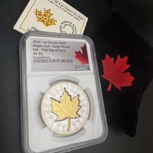 2024 Canada $20 Maple Leaf Super Incuse Gilt coin, PF70 grade, featuring .9999 fine silver and unique design.