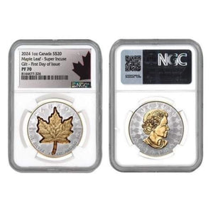 2024 Canada $20 Maple Leaf Super Incuse Gilt coin, PF70 grade, featuring .9999 fine silver and unique design.