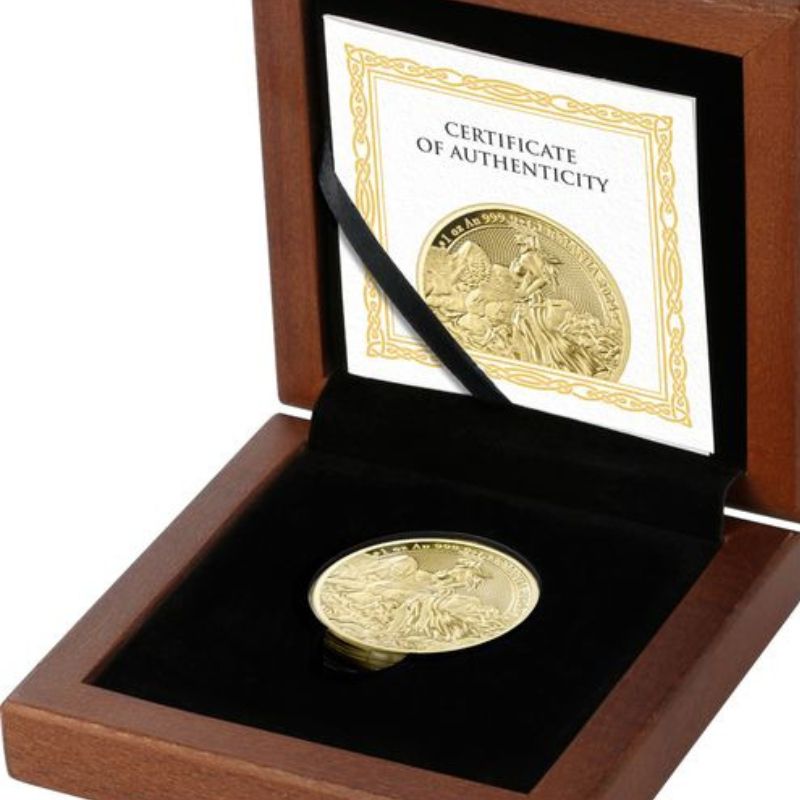 2024 Germania Lady Germania Proof 1 oz Gold Coin in a display box, featuring the Lady Germania design, with a Certificate of Authenticity.