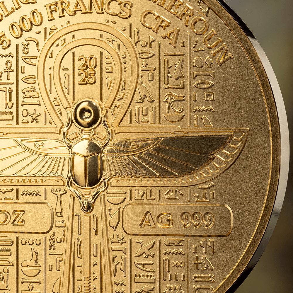 2025 Cameroon Gold Granduer ISIS 5oz .999 Silver Gold Gild, Color, Amber Insert - Captain’s Chest Bullion