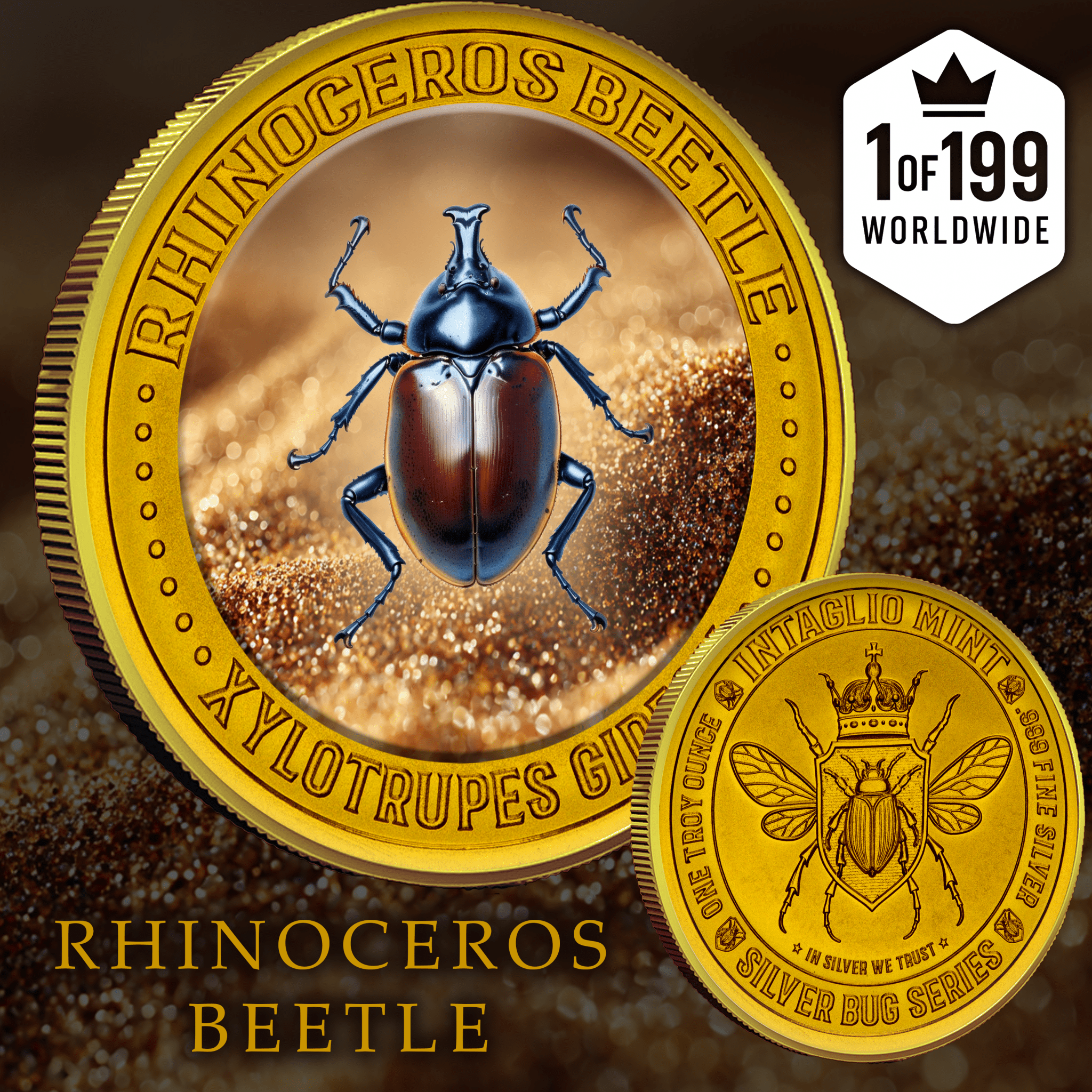2025 Intaglio Silver Bug Series "Black Rhino Beetle" 1oz .999 Silver Gold Gild and Colorized Medal - Captain’s Chest Bullion