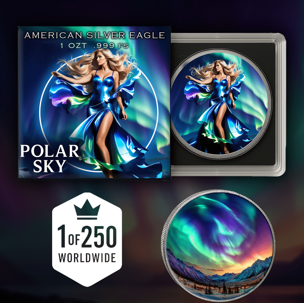 2025 Silver Eagle Aurora Polar Sky Colorized 1oz .999 Silver Coin - Captain’s Chest Bullion
