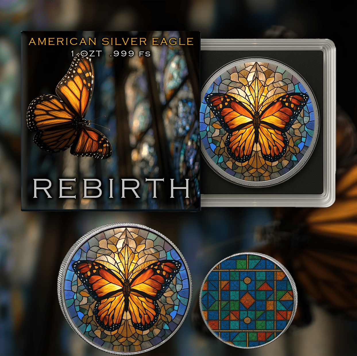 2025 Silver Eagle Mosaic Butterfly "Rebirth" 1oz Colorized .999 Silver Coins - Captain’s Chest Bullion