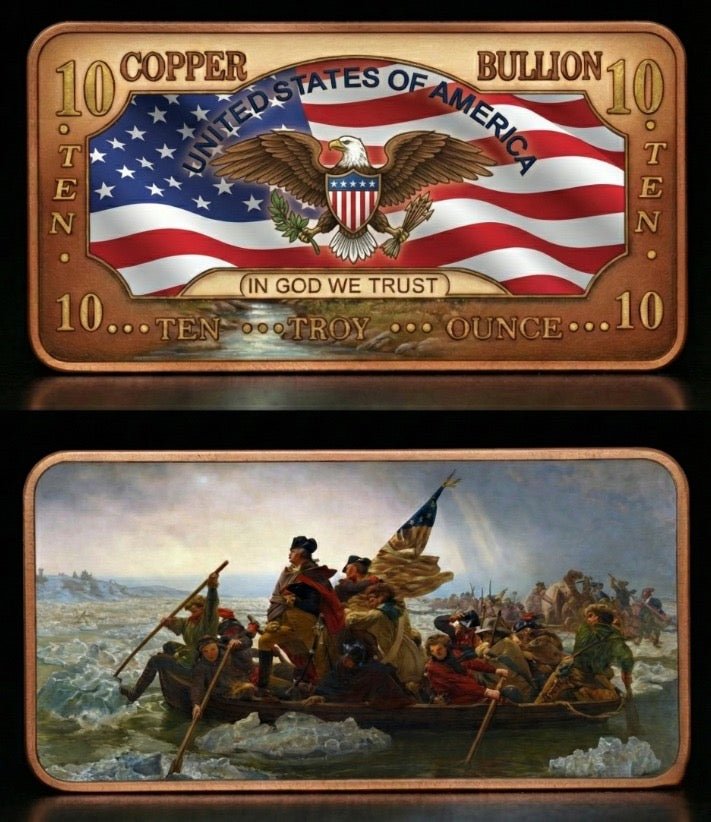 2026 George Washington Crosses the Delware 10oz AVDP .999 Fine Copper Bar - Captain’s Chest Bullion