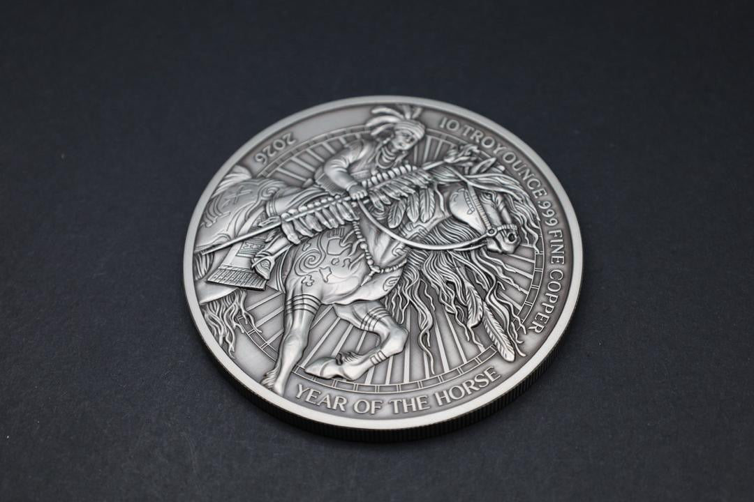 2026 Image Improvement Year of the War Horse 10oz Large Diameter .999 Copper with Antique Silver Finish - Captain’s Chest Bullion
