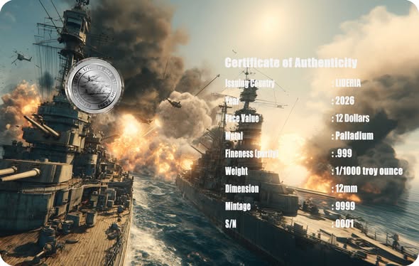 2026 Liberia Battle of Midway 1/1000 oz .999 Palladium Coin in Card - Captain’s Chest Bullion