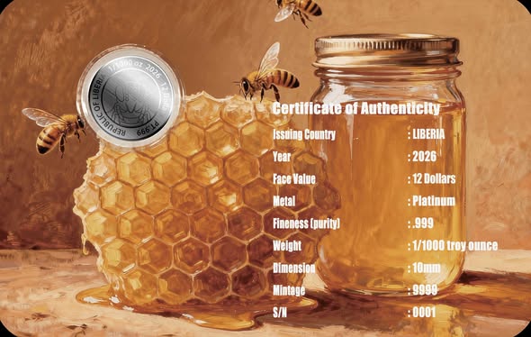 2026 Liberia Honey Bees 1/1000 oz .999 Platinum Coin in Card - Captain’s Chest Bullion