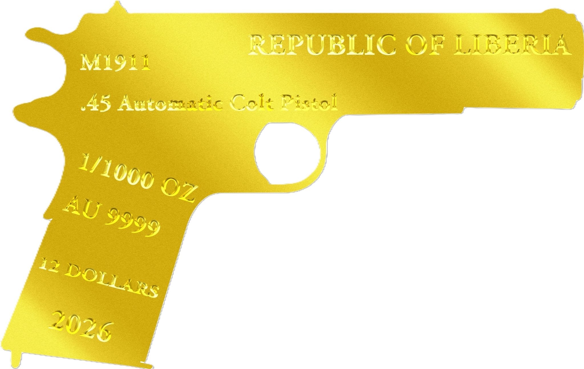 2026 Liberia M1911 Shaped 1/1000 oz .9999 Gold Coin in Card - Captain’s Chest Bullion