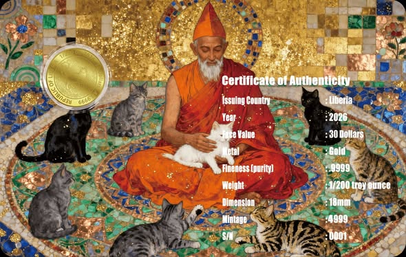 2026 Liberia Mandala The Cat 1/200 oz .9999 Gold Coin in Card - Captain’s Chest Bullion