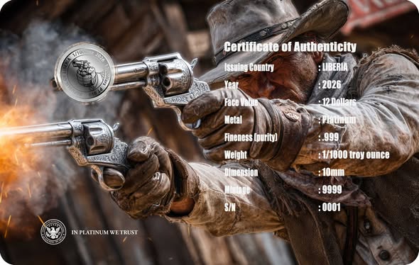 2026 Liberia Revolver 1/1000 oz .999 Platinum Coin in Card - Captain’s Chest Bullion