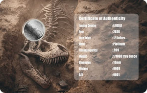 2026 Liberia T Rex 1/1000 oz .999 Platinum Coin in Card - Captain’s Chest Bullion