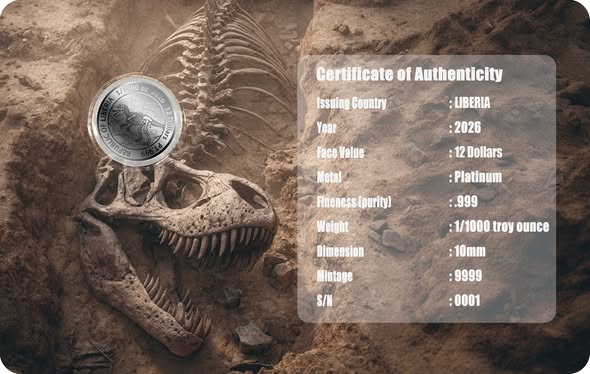 2026 Liberia T Rex 1/1000 oz .999 Platinum Coin in Card - Captain’s Chest Bullion