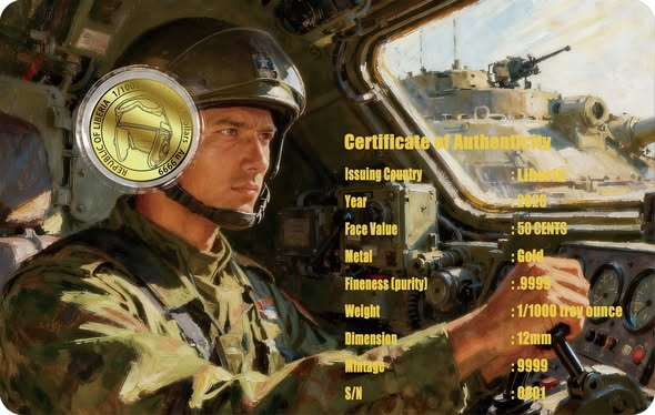 2026 Liberia Tank 1/1000 oz .9999 Gold Coin in Card - Captain’s Chest Bullion