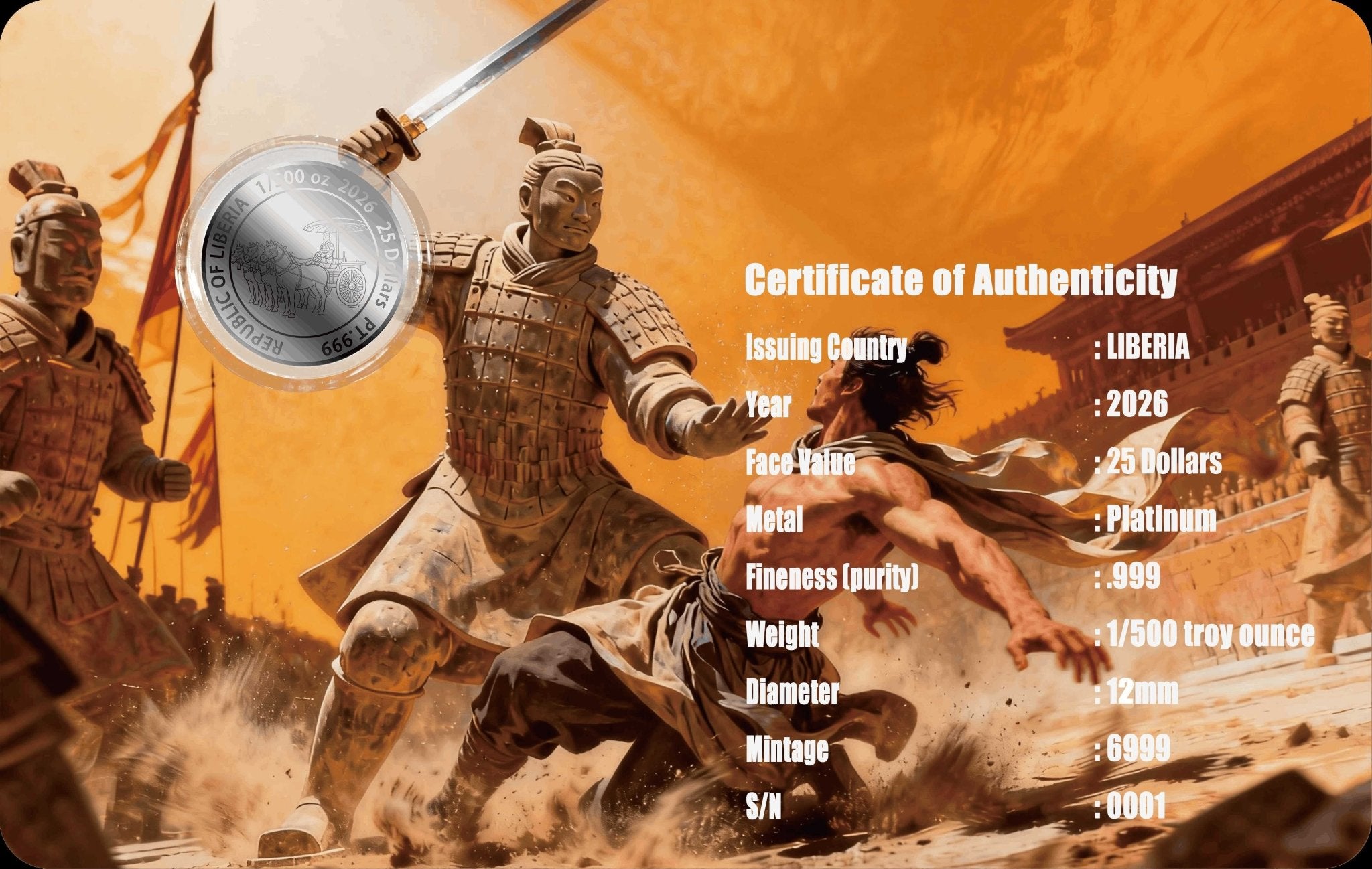 2026 Liberia Terracotta Army 1/500 oz .999 Platinum Coin in Card - Captain’s Chest Bullion