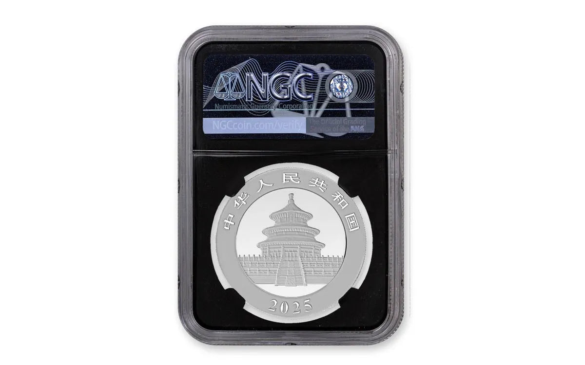 2025 China 30-gm Silver Panda NGC MS70 FR w/Black Core & Great Wall Label