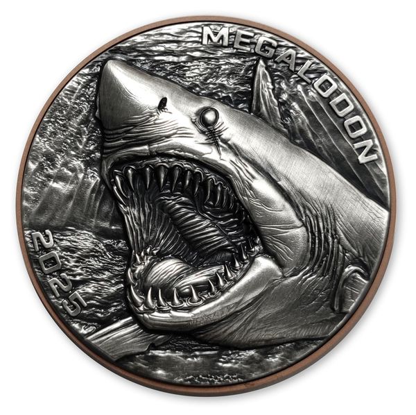 2025 .999 Silver Coin Antiqued Double Silver Giant Megalodon