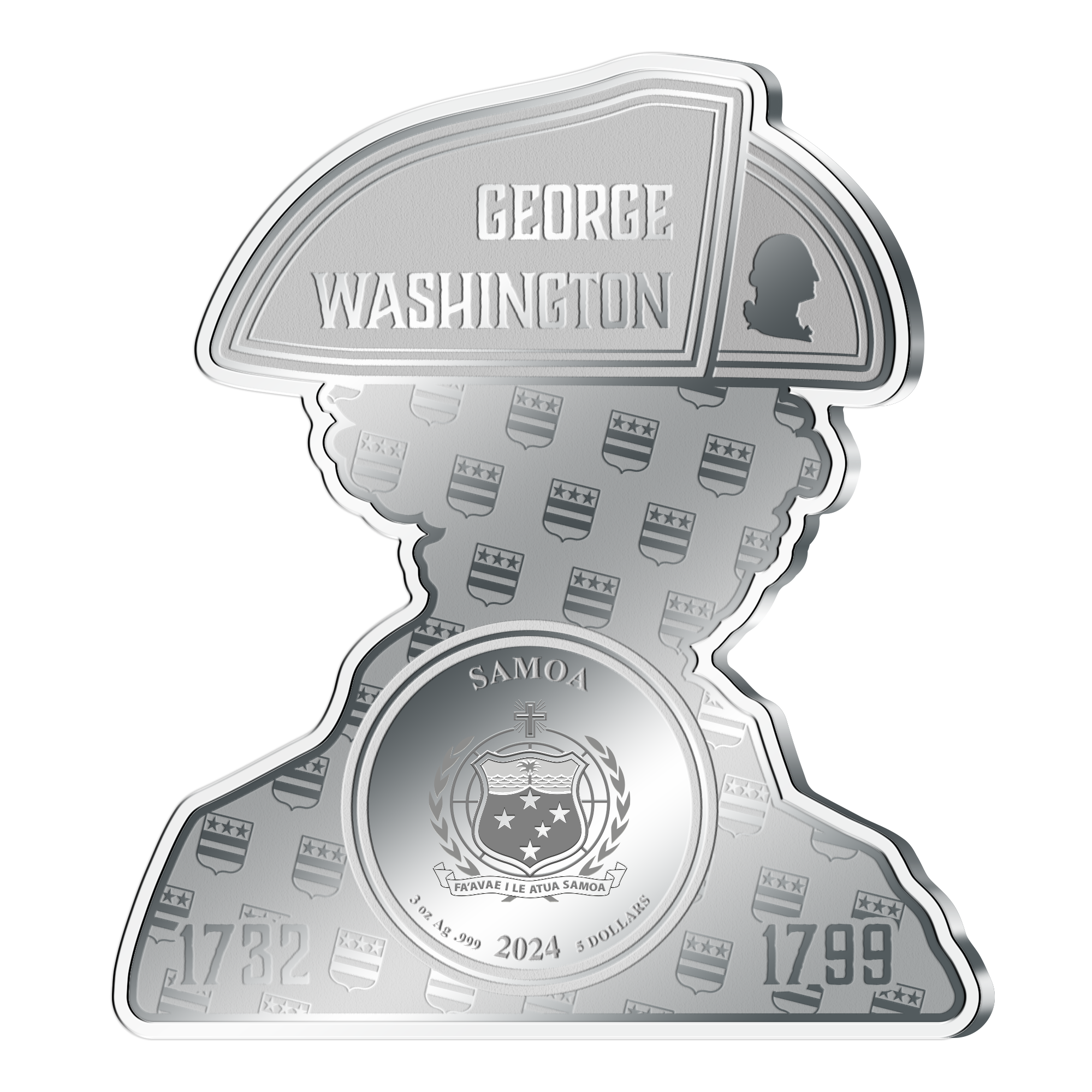2024 Samoa Geoge Washington NGC PL-70 3oz Ag .999 Shaped Silver