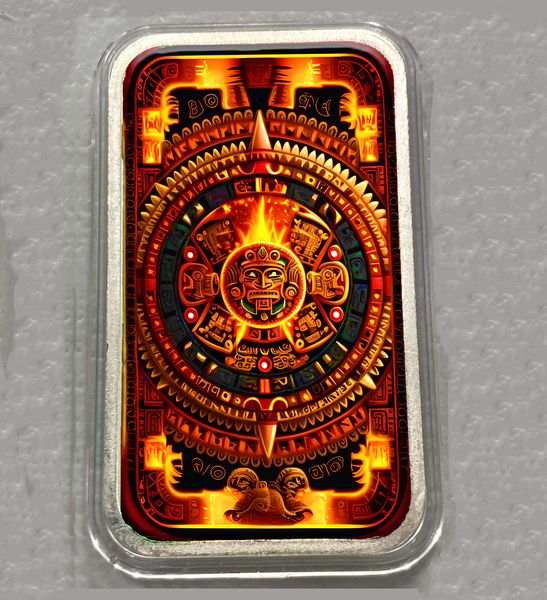 1oz .999 Fine Silver Bar Cuauhtemoc Aztec Bar Enhanced Colorized