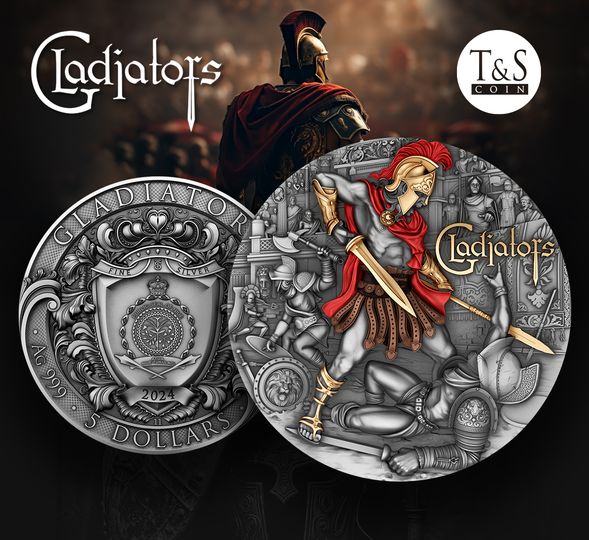 2024 Antiqued 2oz Silver .999 Gladiator Coin Color w/Gold Gilt
