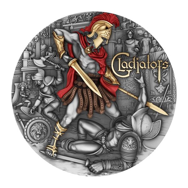 2024 Antiqued 2oz Silver .999 Gladiator Coin Color w/Gold Gilt