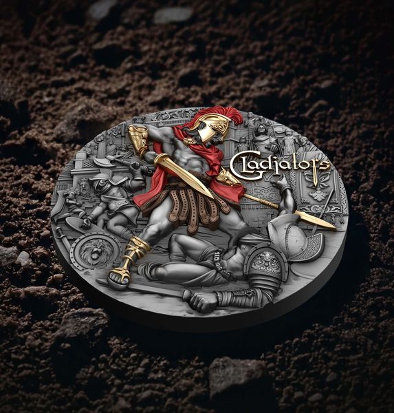 2024 Antiqued 2oz Silver .999 Gladiator Coin Color w/Gold Gilt