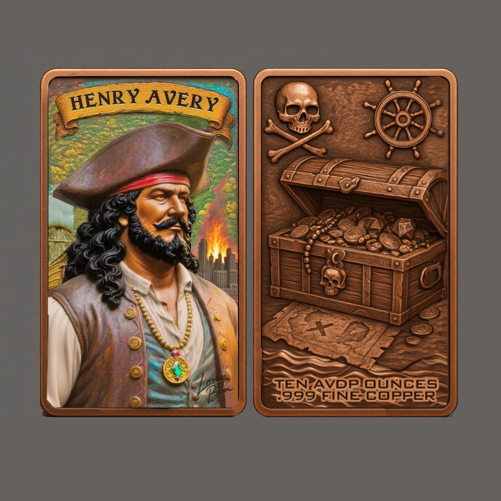 10oz .999 ADVP Copper Bullion Bar Pirate Captains "Long Ben"