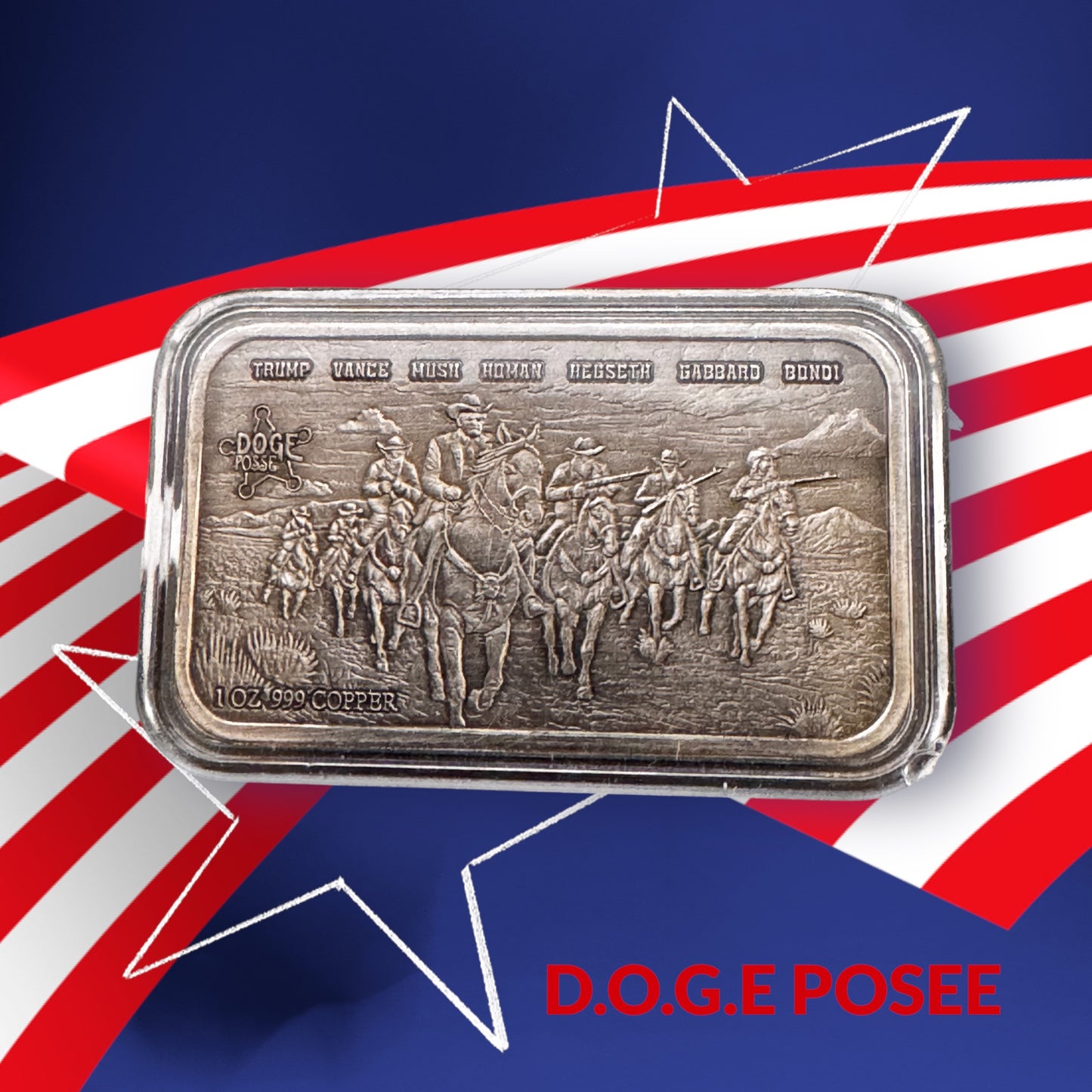 2025 .999 Copper 1oz Antique Silver Plated Trump DOGE Posse Art Bar