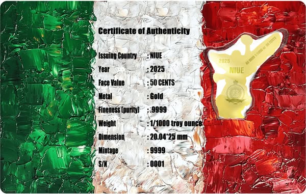 2025 Niue Angel of Independence Shaped 1/1000 oz .9999 Gold Coin in Card