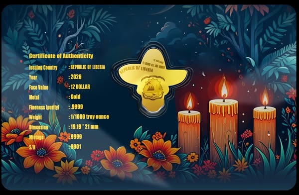 2026 Liberia Dia De Los Muertos Shaped 1/1000 oz .9999 Gold Coin in Card