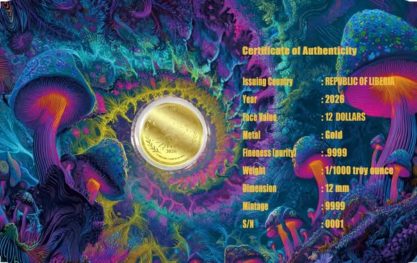 2026 Liberia Magic Mushroom 1/1000 oz .9999 Gold Coin in Card
