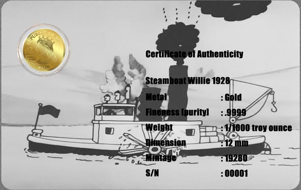 2026 Steamboat Willie 1/1000 oz .9999 Gold Coin in Card