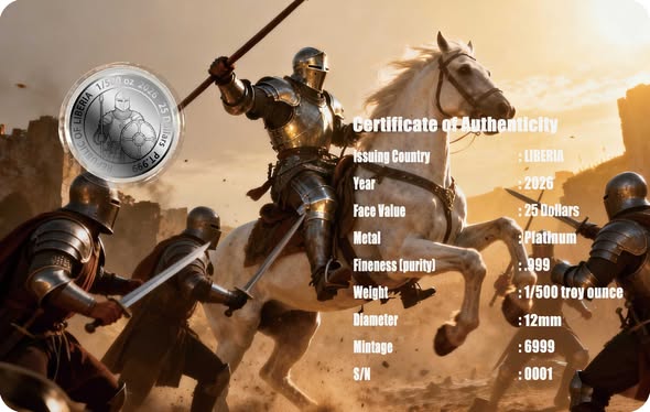 2026 Liberia Plate Armour 1/500 oz .999 Platinum Coin in Card