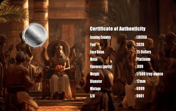 2026 Liberia Pharoah 1/500 oz .999 Platinum Coin in Card