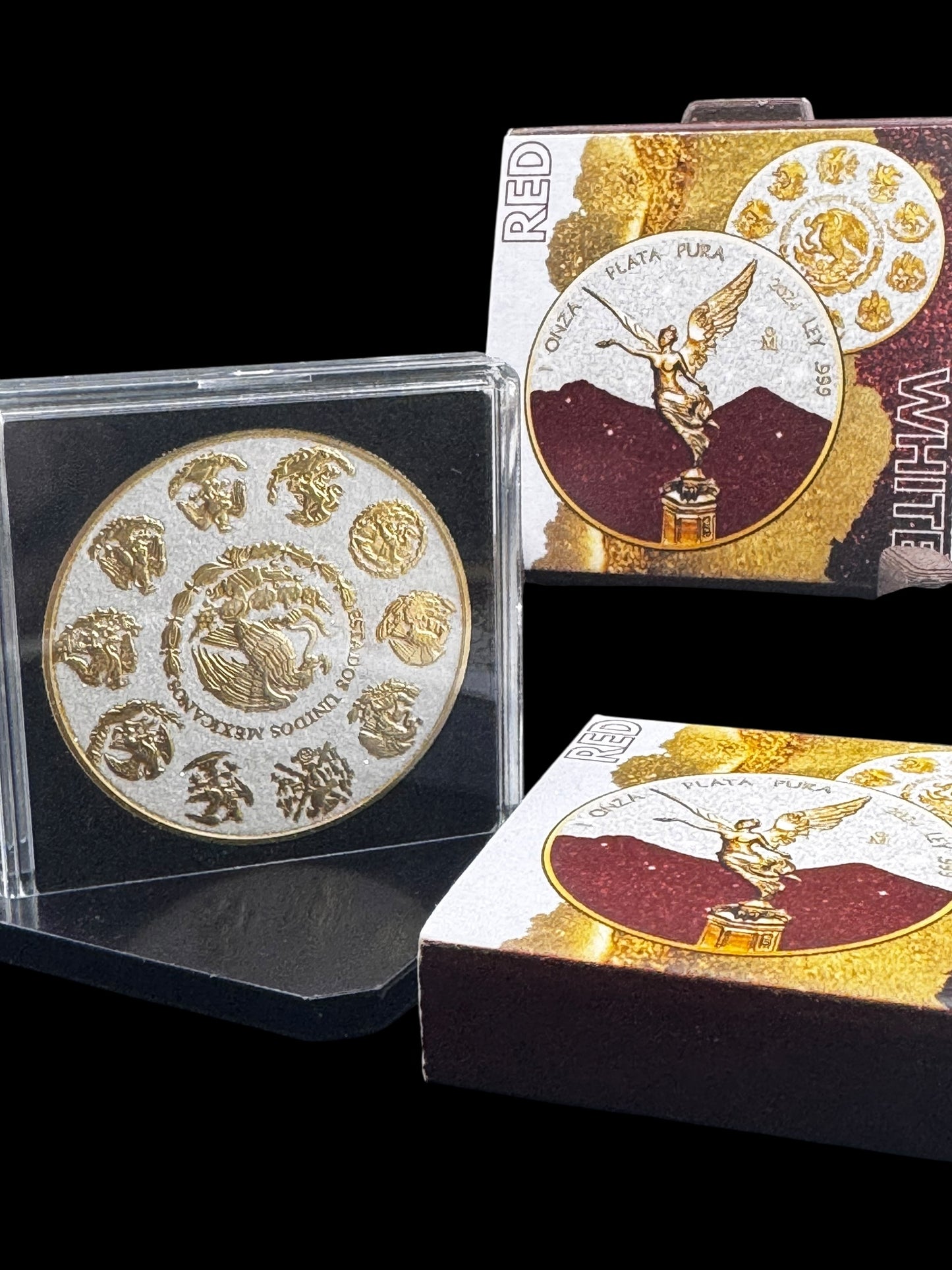 2024 1 Oz .999 Silver Mexico Mo Red & White Diamond Dust 24k Gold Coin
