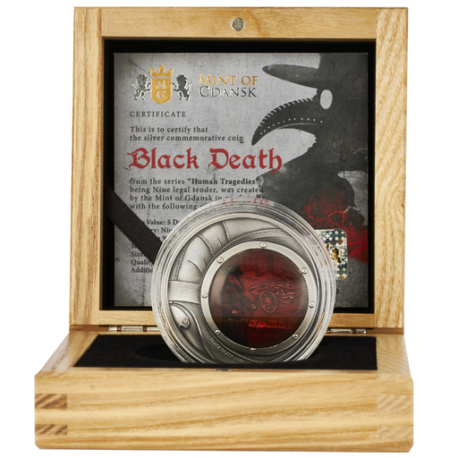 2023 Niue Human Tragedies - Black Death 2 oz Silver Coin Color and Antique