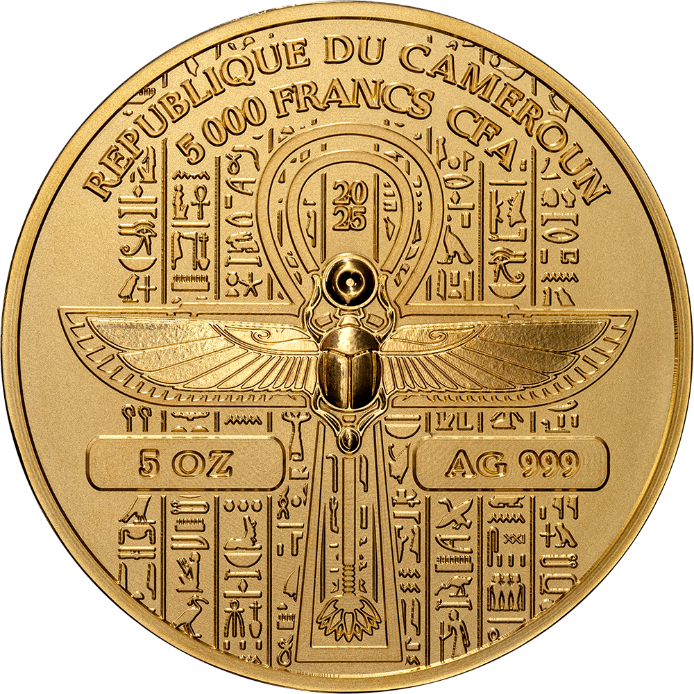 2025 Cameroon Gold Granduer ISIS 5oz .999 Silver Gold Gild, Color, Amber Insert